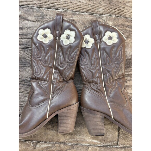 Vintage Candies Cowboy Boots Brown Embroidery Daisy Flowers Sz 9 Cute Y2K - Picture 4 of 7